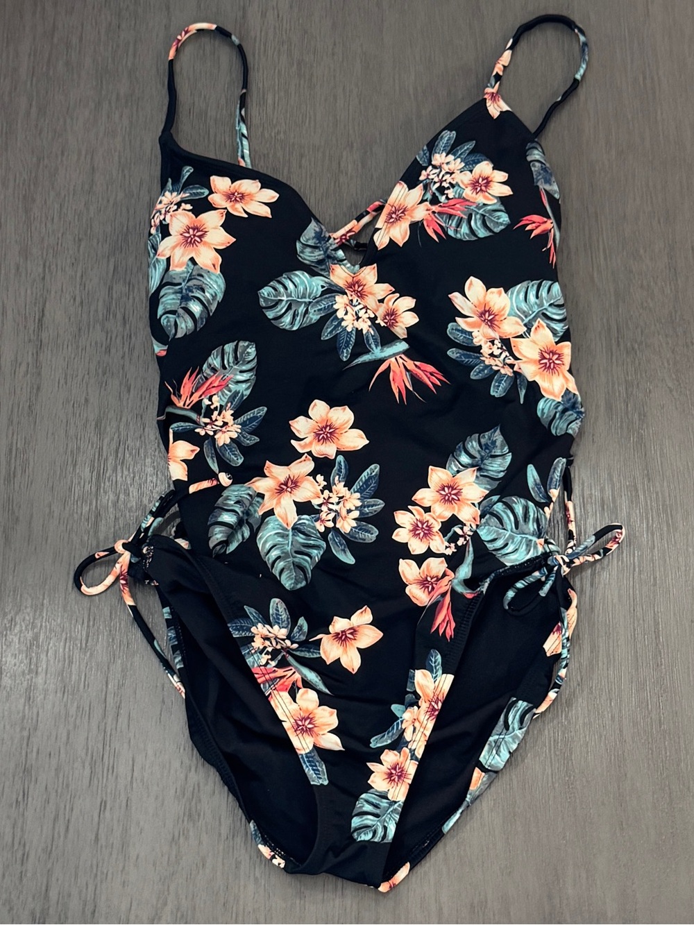 Black Floral One-Piece Swimsuit with Side Ties